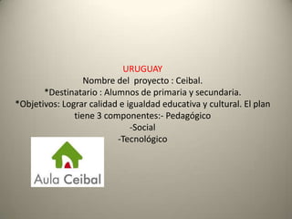 URUGUAY
Nombre del proyecto : Ceibal.
*Destinatario : Alumnos de primaria y secundaria.
*Objetivos: Lograr calidad e igualdad educativa y cultural. El plan
tiene 3 componentes:- Pedagógico
-Social
-Tecnológico
 