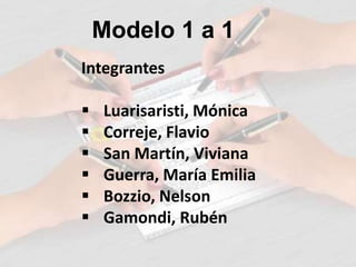 Modelo 1 a 1
Integrantes
 Luarisaristi, Mónica
 Correje, Flavio
 San Martín, Viviana
 Guerra, María Emilia
 Bozzio, Nelson
 Gamondi, Rubén
 