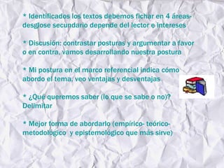* Identificados los textos debemos fichar en 4 áreas- desglose secundario depende del lector e intereses * Discusión: contrastar posturas y argumentar a favor o en contra, vamos desarrollando nuestra postura * Mi postura en el marco referencial indica cómo abordo el tema, veo ventajas y desventajas * ¿Qué queremos saber (lo que se sabe o no)? Delimitar * Mejor forma de abordarlo (empírico- teórico- metodológico  y epistemológico que más sirve) 