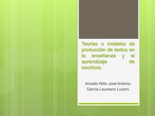 Teorías o modelos de
producción de textos en
la enseñanza y el
aprendizaje de
escritura.
Arcadio Niño José Antonio.
García Laureano Lucero.
 