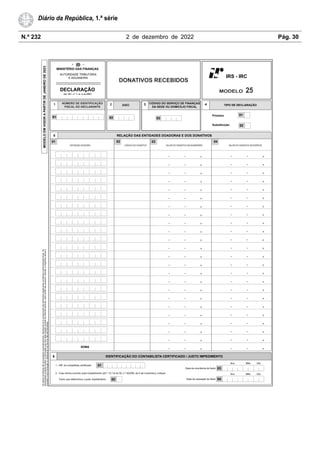 N.º 232 2 de dezembro de 2022 Pág. 30
Diário da República, 1.ª série
'21$7,9265((%,'26
1Ò0(52'(,'(17,),$d­2
),6$/'2'(/$5$17(
 $12


'(/$5$d­2
$UWžQžDOF GR(%)
 Ï',*2'26(59,d2'(),1$1d$6
'$6('(28'20,Ë/,2),6$/
  7,32'('(/$5$d­2

3ULPHLUD
6XEVWLWXLomR
02'(/2 
02'(/2(09,*25$3$57,5'(-$1(,52'(
2VGDGRVUHFROKLGRVVmRSURFHVVDGRVDXWRPDWLFDPHQWHGHVWLQDQGRVHjSURVVHFXomRGDVDWULEXLo}HVOHJDOPHQWHFRPHWLGDVjDGPLQLVWUDomR¿
VFDO2V
LQWHUHVVDGRVSRGHUmRDFHGHUjLQIRUPDomRTXHOKHVGLJDUHVSHLWRDWUDYpVGD,QWHUQHWGHYHQGRFDVRDLQGDQmRSRVVXDPVROLFLWDUDUHVSHFWLYDVHQKDH
SURFHGHUjVXDFRUUHFomRRXDGLWDPHQWRQRVWHUPRVGDVOHLVWULEXWiULDV

(17,'$'('2$'25$

Ï',*2'2'21$7,92

620$
9$/25'2'21$7,92(0180(5È5,2

9$/25'2'21$7,92(0(63e,(

















































 5(/$d­2'$6(17,'$'(6'2$'25$6('26'21$7,926

,56,5
0,1,67e5,2'$6),1$1d$6
5 3
$8725,'$'(75,%87È5,$
($'8$1(,5$
,'(17,),$d­2'2217$%,/,67$(57,),$'2-8672,03(',0(172

1,)GRFRQWDELOLVWDFHUWL¿
FDGR 
)DFWRTXHGHWHUPLQRXRMXVWRLPSHGLPHQWR 
DVRWHQKDRFRUULGRMXVWRLPSHGLPHQWR DUWžž$GR'/QžGHGHQRYHPEUR LQGLTXH
'DWDGDRFRUUrQFLDGRIDFWR
'LD
0rV
$QR

'DWDGDFHVVDomRGRIDFWR
'LD
0rV
$QR

 