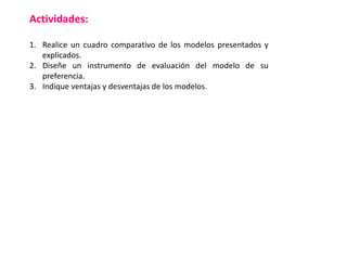 Actividades:
1. Realice un cuadro comparativo de los modelos presentados y
explicados.
2. Diseñe un instrumento de evaluación del modelo de su
preferencia.
3. Indique ventajas y desventajas de los modelos.
 