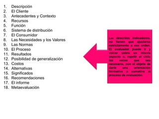 1. Descripción
2. El Cliente
3. Antecedentes y Contexto
4. Recursos
5. Función
6. Sistema de distribución
7. El Consumidor
8. Las Necesidades y los Valores
9. Las Normas
10. El Proceso
11. Resultados
12. Posibilidad de generalización
13. Costos
14. Alternativas
15. Significados
16. Recomendaciones
17. El informe
18. Metaevaluación
 