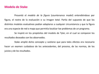 Modelo de Stake
Presentó el modelo de la figura (countenance model) entendiéndose por
figura, el rostro de la evaluación o su imagen total. Partía del supuesto de que los
distintos modelos evaluativos podían adaptarse a cualquier circunstancia y que la figura
era una especie de red o mapa que permitía localizar loe problemas de un programa.
Se inspiró en los propósitos del modelo de Tyler, en el cual se comparan los
resultados deseados con los observados.
Stake amplió dicho concepto y sostiene que para tales efectos era necesario
hacer un examen cuidadoso de los antecedentes, del proceso, de las normas, de los
juicios y de los resultados.
 