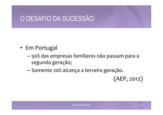 O DESAFIO DA SUCESSÃO 
• Em 
Portugal 
– 50% 
das 
empresas 
familiares 
não 
passam 
para 
a 
segunda 
geração; 
– Somente 
20% 
alcança 
a 
terceira 
geração. 
(AEP, 
2012) 
Paulino Silva | ISCAP 10 
 