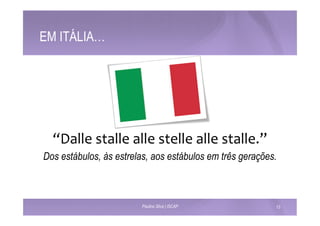 EM ITÁLIA… 
“Dalle 
stalle 
alle 
stelle 
alle 
stalle.” 
Dos estábulos, às estrelas, aos estábulos em três gerações. 
Paulino Silva | ISCAP 13 
 