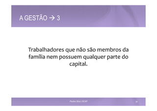 A GESTÃO à 3 
Trabalhadores 
que 
não 
são 
membros 
da 
família 
nem 
possuem 
qualquer 
parte 
do 
capital. 
Paulino Silva | ISCAP 34 
 