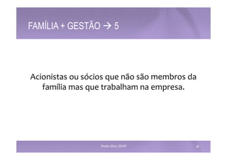 FAMÍLIA + GESTÃO à 5 
Acionistas 
ou 
sócios 
que 
não 
são 
membros 
da 
família 
mas 
que 
trabalham 
na 
empresa. 
Paulino Silva | ISCAP 36 
 