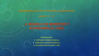 BENEMÉRITA ESCUELA NACIONAL DE MAESTROS.
GRUPO: 3° “6”.
4. MODELO DE BEREITER Y
SCARDAMALIA (1982).
INTEGRANTES:
 ESPINOZA TOREES FABIOLA.
 SÁNCHEZ AGUILERA MARCELA.
 SAUCEDO AVALOS ARELY GPE.
 