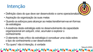 Takeuchi (2008)
• Definição clara do que deve ser desenvolvido e como operacionalizá-lo
• Aspiração da organização às suas metas
• Quandoosesforços para alcançar asmetastransformam-seemformas
de estratégias
• Aessência desta estratégia está no desenvolvimento da capacidade
organizacional em adquirir, criar, acumular e explorar o
conhecimento
• O elemento mais crítico da estratégia é conceituar uma visão sobre
o tipo de conhecimento a ser desenvolvido
• “Eu quero” não é intenção, é vontade
Intenção
 