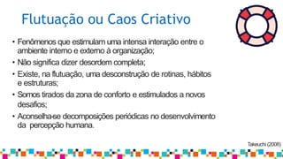 Flutuação ou Caos Criativo
Takeuchi (2008)
• Fenômenos que estimulam uma intensa interação entre o
ambiente interno e externo à organização;
• Não significa dizer desordem completa;
• Existe, na flutuação, uma desconstrução de rotinas, hábitos
e estruturas;
• Somos tirados da zona de conforto e estimulados a novos
desafios;
• Aconselha-se decomposições periódicas no desenvolvimento
da percepção humana.
 