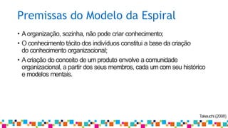 Premissas do Modelo da Espiral
Takeuchi (2008)
• Aorganização, sozinha, não pode criar conhecimento;
• O conhecimento tácito dos indivíduos constitui a base da criação
do conhecimento organizacional;
• Acriação do conceito de um produto envolve a comunidade
organizacional, a partir dos seus membros, cada um com seu histórico
e modelos mentais.
 