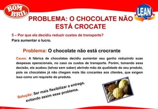 Problema: O chocolate não está crocrante
Causa: A fábrica de chocolates decidiu aumentar seu ganho reduzindo suas
despesas operacionais, no caso os custos de transporte. Porém, tomando essa
decisão, ela acabou (talvez sem saber) abrindo mão da qualidade do seu produto,
pois os chocolates já não chegam mais tão crocantes aos clientes, que exigem
isso como um requisito do produto.
5 – Por que ela decidiu reduzir custos de transporte?
Para aumentar o lucro.
PROBLEMA: O CHOCOLATE NÃO
ESTÁ CROCATE
 