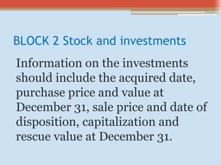 BLOCK 2 Stock and investments
Information on the investments
should include the acquired date,
purchase price and value at
December 31, sale price and date of
disposition, capitalization and
rescue value at December 31.
 