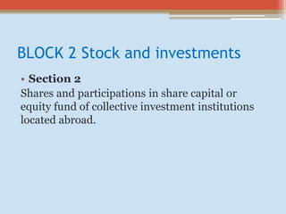 BLOCK 2 Stock and investments
• Section 2
Shares and participations in share capital or
equity fund of collective investment institutions
located abroad.
 