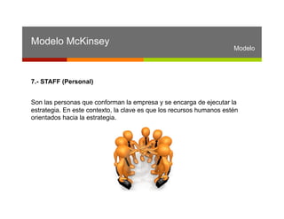 Modelo McKinsey
                                                                      Modelo




7.- STAFF (Personal)


Son las personas que conforman la empresa y se encarga de ejecutar la
estrategia. En este contexto, la clave es que los recursos humanos estén
orientados hacia la estrategia.
 