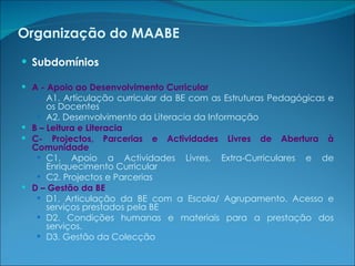 Subdomínios A - Apoio ao Desenvolvimento Curricular A1. Articulação curricular da BE com as Estruturas Pedagógicas e os Docentes A2. Desenvolvimento da Literacia da Informação B – Leitura e Literacia C- Projectos, Parcerias e Actividades Livres de Abertura à Comunidade C1. Apoio a Actividades Livres, Extra-Curriculares e de Enriquecimento Curricular C2. Projectos e Parcerias D – Gestão da BE D1. Articulação da BE com a Escola/ Agrupamento. Acesso e serviços prestados pela BE D2. Condições humanas e materiais para a prestação dos serviços. D3. Gestão da Colecção Organização do MAABE 
