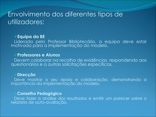 Envolvimento dos diferentes tipos de utilizadores: Equipa da BE Liderada pelo Professor Bibliotecário, a equipa deve estar motivada para a implementação do modelo. Professores e Alunos Devem colaborar na recolha de evidências, respondendo aos questionários e a outras solicitações específicas. Direcção Deve mostrar o seu apoio e colaboração, demonstrando a importância da implementação do modelo. Conselho Pedagógico Deve fazer a análise dos resultados e emitir um parecer sobre o relatório de auto-avaliação. 