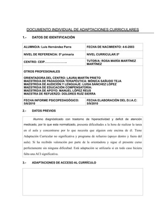 !!
DOCUMENTO INDIVIDUAL DE ADAPTACIONES CURRICULARES
!
1.- DATOS DE IDENTIFICACIÓN
!
!2.- DATOS PREVIOS
!
!3.- ADAPTACIONES DE ACCESO AL CURRÍCULO
!
!!
ALUMNO/A: Luis Hernández Parra FECHA DE NACIMIENTO: 4-6-2003
NIVEL DE REFERENCIA: 5º primaria NIVEL CURRICULAR:5º
CENTRO: CEIP………………….. TUTOR/A: ROSA MARÍA MARTÍNEZ
MARTÍNEZ
!OTROS PROFESIONALES
!ORIENTADORA DEL CENTRO: LAURA MARTÍN PRIETO
MAESTRO/A DE PADAGOGÍA TERAPÉUTICA: MÓNICA SAÑUDO TEJA
MAESTRO/A DE AUDICIÓN Y LENGUAJE: LUISA SÁNCHEZ LÓPEZ
MAESTRO/A DE EDUCACIÓN COMPENSATORIA:
MAESTRO/A DE APOYO: MANUEL LÓPEZ REUS
MAESTRA DE REFUERZO: DOLORES RUÍZ SIERRA
FECHA INFORME PSICOPEDAGÓGICO:
5/6/2010
FECHA ELABORACIÓN DEL D.I.A.C:
5/9/2010
Alumno diagnósticado con trastorno de hiperactividad y deficit de atención
medicado, por lo que esta normalizado, presenta dificultades a la hora de realizar la tarea
en el aula y concentrarse por lo que necesita que alguien este encima de él. Tiene
Adaptación Curricular no significativa y programa de refuerzo (apoyo dentro y fuera del
aula). Si ha recibido valoración por parte de la orientadora y sigue el presente curso
perfectamente sin ninguna dificultad. Está adaptación se utilizaría si en todo caso hiciera
falta una ACI significativa.
!
!!!!!!!
 