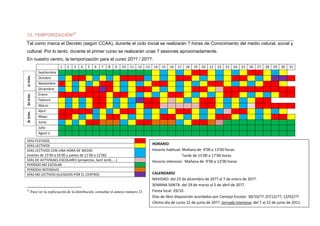 12. TEMPORIZACIÓN22
Tal como marca el Decreto (según CCAA), durante el ciclo inicial se realizarán ? horas de Conocimiento del medio natural, social y
cultural. Por lo tanto, durante el primer curso se realizarán unas ? sesiones aproximadamente.
En nuestro centro, la temporización para el curso 20?? / 20??:
                                    1      2      3       4    5    6     7    8    9    10    11        12    13    14    15    16    17    18    19    20    21    22    23    24    25    26    27    28    29    30    31 
            Septiembre                                                                                                                                                                                                      
1r trim. 




            Octubre                                                                                                                                                                                                         
            Noviembre                                                                                                                                                                                                       
            Diciembre                                                                                                                                                                                                       
2n trim. 




            Enero                                                                                                                                                                                                           
            Febrero                                                                                                                                                                                             
            Marzo                                                                                                                                                                                                           
            Abril                                                                                                                                                                                                           
3r trim. 




            Mayo                                                                                                                                                                                                            
            Junio                                                                                                                                                                                                           
            Julio                                                                                                                                                                                                           
            Agost o                                                                                                                                                                                                         

DÍAS FESTIVOS                                                                                         
DÍAS LECTIVOS                                                                                                        HORARIO 
DÍAS LECTIVOS CON UNA HORA DE MEDIO                                                                                  Horario habitual: Mañana de  9’00 a 13’00 horas 
(martes de 15’00 a 16’00 y jueves de 11’00 a 12’00)                                                                                      Tarde de 15’00 a 17’00 horas 
DÍAS DE ACTIVIDAES ESCOLARES (proyectos, Sant Jordi,....)                                                            Horario intensivo:  Mañana de  9’00 a 13’00 horas 
PERÍODO NO ESCOLAR                                                                                    
                                                                                                                      
PERÍODO INTENSIVO                                                                                     
DÍAS NO LECTIVOS (ELEGIDOS POR EL CENTRO)                                                                            CALENDARIO 
                                                                                                                     NAVIDAD: del 23 de diciembre de 20?? al 7 de enero de 20??. 
                                                                                                                     SEMANA SANTA: del 29 de marzo al 5 de abril de 20??.  
                                                            
22
       Para ver la expliciación de la distribución, consultar el annexo número 23.                                   Fiesta local: 29/10.  
                                                                                                                     Días de libre disposición acordados por Consejo Escolar: 30/10/??, 07/12/??, 12/02/?? 
                                                                                                                     Último día de curso 22 de junio de 20??. Jornada intensiva: del 7 al 22 de junio de 2011. 
                                                                                                                                                                                                                           24
 