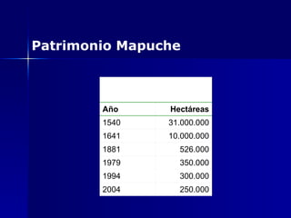 Patrimonio Mapuche 250.000 2004 300.000 1994 350.000 1979 526.000 1881 10.000.000 1641 31.000.000 1540 Hectáreas Año 
