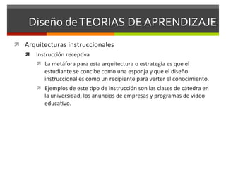 Diseño	
  de	
  TEORIAS	
  DE	
  APRENDIZAJE	
  
ì  Arquitecturas	
  instruccionales	
  
    ì  Instrucción	
  recep<va	
  
         ì  La	
  metáfora	
  para	
  esta	
  arquitectura	
  o	
  estrategia	
  es	
  que	
  el	
  
             estudiante	
  se	
  concibe	
  como	
  una	
  esponja	
  y	
  que	
  el	
  diseño	
  
             instruccional	
  es	
  como	
  un	
  recipiente	
  para	
  verter	
  el	
  conocimiento.	
  
         ì  Ejemplos	
  de	
  este	
  <po	
  de	
  instrucción	
  son	
  las	
  clases	
  de	
  cátedra	
  en	
  
             la	
  universidad,	
  los	
  anuncios	
  de	
  empresas	
  y	
  programas	
  de	
  video	
  
             educa<vo.	
  
 