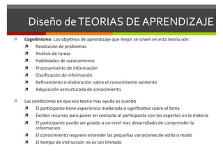 Diseño	
  de	
  TEORIAS	
  DE	
  APRENDIZAJE	
  
ì    Cogni/vismo:	
  Los	
  obje<vos	
  de	
  aprendizaje	
  que	
  mejor	
  se	
  sirven	
  en	
  esta	
  teoria	
  son:	
  
      ì  Resolución	
  de	
  problemas	
  
      ì  Análisis	
  de	
  tareas	
  
      ì  Habilidades	
  de	
  razonamiento	
  
      ì  Procesamiento	
  de	
  información	
  
      ì  Clasiﬁcación	
  de	
  información	
  
      ì  Reﬁnamiento	
  o	
  elaboración	
  sobre	
  el	
  conocimiento	
  existente	
  
      ì  Adquisición	
  estructurada	
  de	
  conocimiento	
  

ì    Las	
  condiciones	
  en	
  que	
  esa	
  teoria	
  mas	
  ayuda	
  es	
  cuando	
  
      ì  El	
  par<cipante	
  <ene	
  experiencia	
  moderada	
  o	
  signiﬁca<va	
  sobre	
  el	
  tema	
  
      ì  Existen	
  recursos	
  para	
  poner	
  en	
  contacto	
  al	
  par<cipante	
  con	
  los	
  expertos	
  en	
  la	
  materia	
  
      ì  El	
  par<cipante	
  puede	
  ser	
  guiado	
  a	
  un	
  nivel	
  mas	
  desarrollado	
  de	
  comprender	
  la	
  
               informacion	
  
      ì  El	
  conocimiento	
  requiere	
  entender	
  las	
  pequeñas	
  variaciones	
  de	
  es<lo	
  o	
  modo	
  
      ì  El	
  <empo	
  de	
  instrucción	
  no	
  es	
  tan	
  limitado	
  
 
