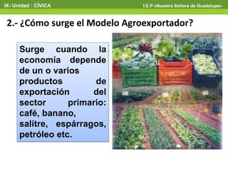 2.- ¿Cómo surge el Modelo Agroexportador?
Surge cuando la
economía depende
de un o varios
productos de
exportación del
sector primario:
café, banano,
salitre, espárragos,
petróleo etc.
IX- Unidad : CÍVICA I.E.P «Nuestra Señora de Guadalupe»
 