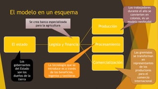El modelo en un esquema
El estado Legisla y financia
Producción
Procesamiento
ComercializaciónLos
gobernantes
del Estado
son los
dueños de la
tierra
Los trabajadores
durante el año se
convierten en
colonos, es un
modelo neofeudal
La tecnología que se
introduce es a través
de los beneficios,
ingenios y textileras
Se crea banca especializada
para la agricultura
Las gremiales
se transforman
en
representantes
de los
productores
para el
comercio
internacional
 