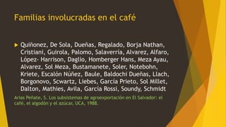 Familias involucradas en el café
 Quiñonez, De Sola, Dueñas, Regalado, Borja Nathan,
Cristiani, Guirola, Palomo, Salaverría, Alvarez, Alfaro,
López- Harrison, Daglio, Homberger Hans, Meza Ayau,
Alvarez, Sol Meza, Bustamanete, Soler, Notebohn,
Kriete, Escalón Núñez, Baule, Baldochi Dueñas, Llach,
Borgonovo, Scwartz, Liebes, García Prieto, Sol Millet,
Dalton, Mathies, Avila, García Rossi, Soundy, Schmidt
Arias Peñate, S. Los subsistemas de agroexportación en El Salvador: el
café, el algodón y el azúcar, UCA, 1988.
 