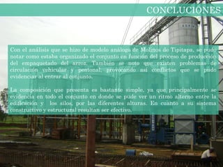 CONCLUCIONES



Con el análisis que se hizo de modelo análogo de Molinos de Tipitapa, se pudo
notar como estaba organizado el conjunto en función del proceso de producción
del empaquetado del arroz. También se noto que existen problemas de
circulación vehicular y peatonal, provocando así conflictos que se pudo
evidenciar al entrar al conjunto.

La composición que presenta es bastante simple, ya que principalmente se
evidencia en todo el conjunto en donde se pude ver un ritmo alterno entre la
edificación y los silos, por las diferentes alturas. En cuanto a su sistema
constructivo y estructural resultan ser efectivo.
 