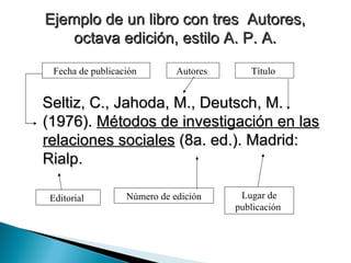 Ejemplo de un libro con tres  Autores, octava edición, estilo A. P. A. Seltiz, C., Jahoda, M., Deutsch, M. (1976).  Métodos de investigación en las relaciones sociales  (8a. ed.). Madrid: Rialp.  Autores  Título   Lugar de publicación   Editorial   Fecha de publicación   Número de edición 