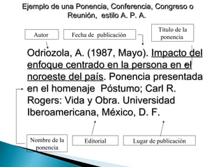 Ejemplo de una Ponencia, Conferencia, Congreso o Reunión,  estilo A. P. A.   Odriozola, A. (1987, Mayo).  Impacto del enfoque centrado en la persona en el noroeste del país . Ponencia presentada en el homenaje  Póstumo; Carl R. Rogers: Vida y Obra. Universidad Iberoamericana, México, D. F.  Autor  Título de la ponencia   Fecha de  publicación   Lugar de publicación Editorial Nombre de la ponencia 