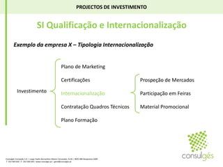 PROJECTOS DE INVESTIMENTO SI Qualificação e InternacionalizaçãoExemplo da empresa X – Tipologia InternacionalizaçãoPlano de MarketingCertificaçõesInternacionalizaçãoContratação Quadros TécnicosPlano FormaçãoProspeção de MercadosParticipação em FeirasMaterial PromocionalInvestimentoConsulgés Formação S.A. | Largo Padre Bernardino Ribeiro Fernandes, N.26 | 4835-489 Nespereira GMR T. 253 560 630 | F. 253 560 639 | www.consulges.pt | geral@consulges.pt