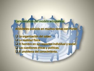 Características del modelo aristotélico:
Aristóteles coincide en muchos temas con Platón
 La organización del saber.
 La realidad física.
 El hombre en sus aspectos individual y social.
 Las cuestiones éticas y políticas.
 El problema del conocimiento.
 