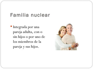Familia nuclear

 Integrada por una
 pareja adulta, con o
 sin hijos o por uno de
 los miembros de la
 pareja y sus hijos.
 