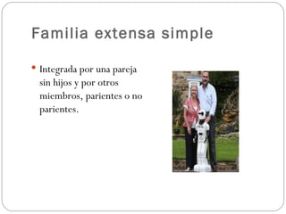 Familia extensa simple

 Integrada por una pareja
  sin hijos y por otros
  miembros, parientes o no
  parientes.
 