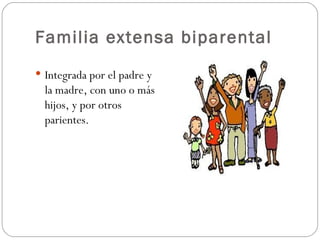 Familia extensa biparental
 Integrada por el padre y
  la madre, con uno o más
  hijos, y por otros
  parientes.
 