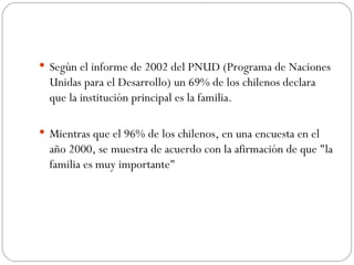 Según el informe de 2002 del PNUD (Programa de Naciones
  Unidas para el Desarrollo) un 69% de los chilenos declara
  que la institución principal es la familia.

 Mientras que el 96% de los chilenos, en una encuesta en el
  año 2000, se muestra de acuerdo con la afirmación de que "la
  familia es muy importante"
 