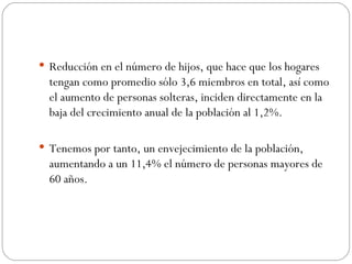  Reducción en el número de hijos, que hace que los hogares
  tengan como promedio sólo 3,6 miembros en total, así como
  el aumento de personas solteras, inciden directamente en la
  baja del crecimiento anual de la población al 1,2%.

 Tenemos por tanto, un envejecimiento de la población,
  aumentando a un 11,4% el número de personas mayores de
  60 años.
 