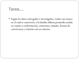 Tarea….

 Según los datos entregados e investigados, realice un ensayo
  en el cual se caracterice a la familia chilena promedio actual,
  en cuanto a conformación, estructura, tamaño, formas de
  convivencia y relación con su entorno.
 