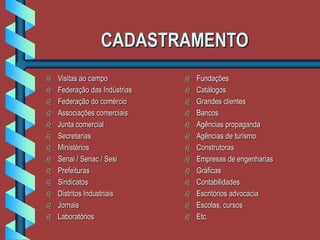 CADASTRAMENTO
 Visitas ao campo
 Federação das Indústrias
 Federação do comércio
 Associações comerciais
 Junta comercial
 Secretarias
 Ministérios
 Senai / Senac / Sesi
 Prefeituras
 Sindicatos
 Distritos Industriais
 Jornais
 Laboratórios
 Fundações
 Catálogos
 Grandes clientes
 Bancos
 Agências propaganda
 Agências de turismo
 Construtoras
 Empresas de engenharias
 Gráficas
 Contabilidades
 Escritórios advocacia
 Escolas, cursos
 Etc
 