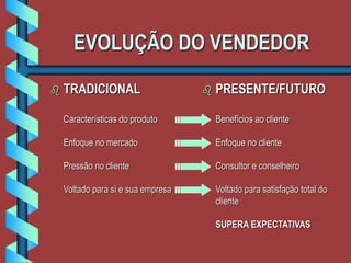 EVOLUÇÃO DO VENDEDOR
 TRADICIONAL
Características do produto
Enfoque no mercado
Pressão no cliente
Voltado para si e sua empresa
 PRESENTE/FUTURO
Benefícios ao cliente
Enfoque no cliente
Consultor e conselheiro
Voltado para satisfação total do
cliente
SUPERA EXPECTATIVAS
 