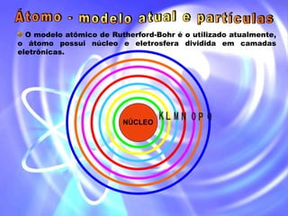 O modelo atômico de Rutherford-Bohr é o utilizado atualmente,
o átomo possui núcleo e eletrosfera dividida em camadas
eletrônicas.
NÚCLEO
 