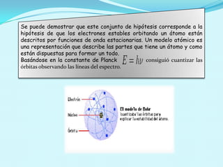 Se puede demostrar que este conjunto de hipótesis corresponde a la
hipótesis de que los electrones estables orbitando un átomo están
descritos por funciones de onda estacionarias. Un modelo atómico es
una representación que describe las partes que tiene un átomo y como
están dispuestas para formar un todo.
Basándose en la constante de Planck
consiguió cuantizar las
órbitas observando las líneas del espectro.

 