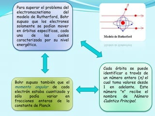 Para superar el problema del
electromacnetismo
del
modelo de Rutherford, Bohr
supuso que los electrones
solamente se podían mover
en órbitas específicas, cada
una
de
las
cuales
caracterizada por su nivel
energético.

Bohr supuso también que el
momento angular de cada
electrón estaba cuantizado y
sólo
podía
variar
en
fracciones enteras de la
constante de Planck

Cada órbita se puede
identificar a través de
un número entero (n) el
cual toma valores desde
1 en adelante. Este
número "n" recibe el
nombre
de
Número
Cuántico Principal.

 