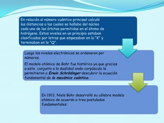 En relación al número cuántico principal calculó
las distancias a las cuales se hallaba del núcleo
cada una de las órbitas permitidas en el átomo de
hidrógeno. Estos niveles en un principio estaban
clasificados por letras que empezaban en la "K" y
terminaban en la "Q".
Luego los niveles electrónicos se ordenaron por
números.
El modelo atómico de Bohr fue histórico ya que gracias
a este conjunto a la dualidad onda-corpúsculo le
permitieron a Erwin Schrödinger descubrir la ecuación
fundamental de la mecánica cuántica.

En 1913, Niels Bohr desarrolló su célebre modelo
atómico de acuerdo a tres postulados
fundamentales:

 