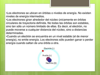 •Los electrones se ubican en órbitas o niveles de energía. No existen
niveles de energía intermedios.
•Los electrones giran alrededor del núcleo únicamente en órbitas
circulares de trayectoria definida. No todas las órbitas son estables,
sino tan sólo un número limitado de ellas. Es decir, el electrón, no
puede moverse a cualquier distancia del núcleo, sino a distancias
determinadas.
•Cuando un electrón se encuentra en un nivel estable (el de menor
energía), no emite energía. Los electrones sólo pueden ganar o perder
energía cuando saltan de una órbita a otra.
 