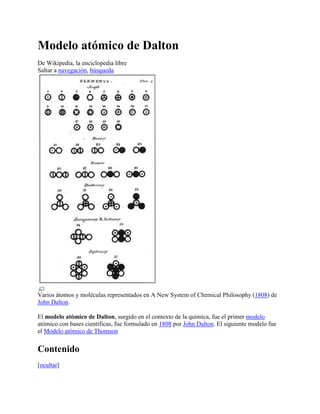 Modelo atómico de Dalton<br />De Wikipedia, la enciclopedia libre<br />Saltar a navegación, búsqueda <br />Varios átomos y moléculas representados en A New System of Chemical Philosophy (1808) de John Dalton.<br />El modelo atómico de Dalton, surgido en el contexto de la química, fue el primer modelo atómico con bases científicas, fue formulado en 1808 por John Dalton. El siguiente modelo fue el Modelo atómico de Thomson<br />Contenido[ HYPERLINK quot;
http://es.wikipedia.org/wiki/Modelo_at%C3%B3mico_de_Daltonquot;
 ocultar]1 Éxitos del modelo 2 Postulados de Dalton 3 Notas 4 Véase también <br />[editar] Éxitos del modelo<br />El modelo atómico de Dalton explicaba por qué las sustancias se combinaban químicamente entre sí sólo en ciertas proporciones. <br />Además el modelo aclaraba que aún existiendo una gran variedad de sustancias diferentes, estas podían ser explicadas en términos de una cantidad más bien pequeña de constituyentes elementales o elementos. <br />En esencia, el modelo explicaba la mayor parte de la química orgánica del siglo XIX, reduciendo una serie de hechos complejos a una teoría combinatoria realmente simple. <br />[editar] Postulados de Dalton<br />Dalton explicó su teoría formulando una serie de enunciados simples:[1]<br />La materia está formada por partículas muy pequeñas llamadas átomos, que son indivisibles y no se pueden destruir. <br />Los átomos de un mismo elemento son iguales entre sí, tienen su propio peso y cualidades propias. Los átomos de los diferentes elementos tienen pesos diferentes. <br />Los átomos permanecen sin división, aún cuando se combinen en las reacciones químicas. <br />Los átomos, al combinarse para formar compuestos guardan relaciones simples. <br />Los átomos de elementos diferentes se pueden combinar en proporciones distintas y formar más de un compuesto. <br />Los compuestos químicos se forman al unirse átomos de dos o más elementos distintos. <br />Representación esquemática del modelo de Thomson.<br />El modelo atómico de Thomson, es una teoría sobre la estructura atómica propuesta en 1904 por Joseph John Thomson, descubridor del electrón[1] en 1897, mucho antes del descubrimiento del protón y del neutrón. En dicho modelo, el átomo está compuesto por electrones de carga negativa en un átomo positivo, como un budin de pasas.[2] Se pensaba que los electrones se distribuían uniformemente alrededor del átomo. En otras ocasiones, en lugar de una sopa de carga positiva se postulaba con una nube de carga positiva. En 1906 Thomson recibió el premio Nobel de Física por sus investigaciones en la conducción eléctrica en gases.<br />El átomo no deja de ser un sistema material que contiene una cierta cantidad de energía externa. Ésta provoca un cierto grado de atracción de los electrones contenidos en la estructura atómica. Desde este punto de vista, puede interpretarse que el modelo atómico de Thomson es un modelo actual como consecuencia de la elasticidad de los electrones en el coseno de la citada estructura.<br />Si hacemos una interpretación del modelo atómico desde un punto de vista más microscópico, puede definirse una estructura abierta para el mismo, dado que los protones se encuentran inmersos y sumergidos en el seno de la masa que define la carga neutra del átomo.<br />Dicho modelo fue rebatido tras el experimento de Rutherford,[3] cuando se descubrió el núcleo del átomo. El modelo siguiente fue el modelo atómico de Rutherford.[4]<br />
