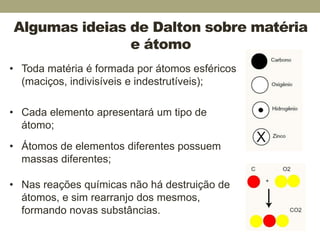Algumas ideias de Dalton sobre matéria
e átomo
• Toda matéria é formada por átomos esféricos
(maciços, indivisíveis e indestrutíveis);
• Cada elemento apresentará um tipo de
átomo;
• Átomos de elementos diferentes possuem
massas diferentes;
• Nas reações químicas não há destruição de
átomos, e sim rearranjo dos mesmos,
formando novas substâncias.
 